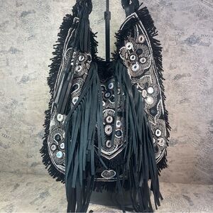 Anthropologie IbBAN LTR Emb. Beaded Fringe Black Linen Bohemian Bag
